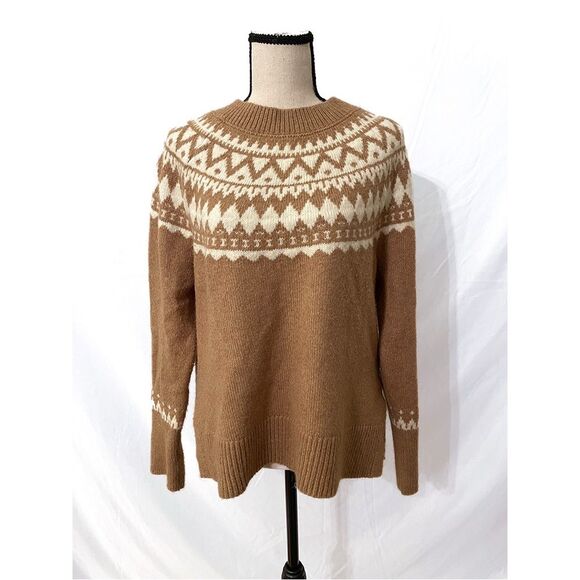 Talbots Crewneck Sweater | Nordic Fair Isle Tan & Cream Knit Cozy Pullov… - Picture 1 of 5